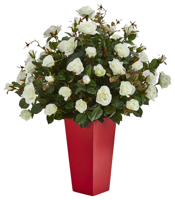 Rose Bush Artificial Plant, Red Planter Artificial Flower