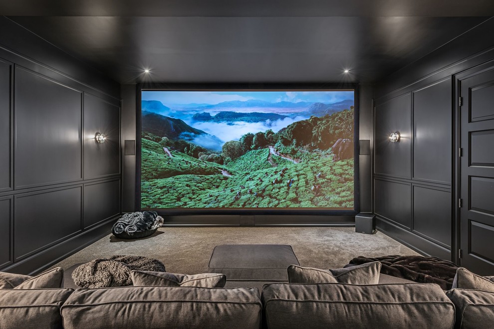 Contemporary enclosed home theatre in Toronto with black walls, carpet, a projector screen and brown floor.