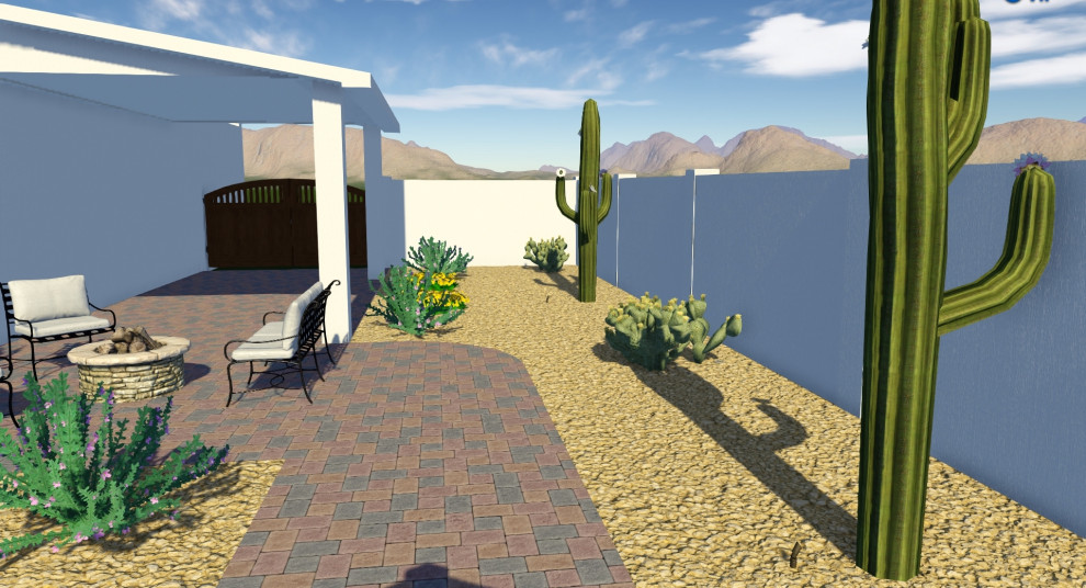 Mittelgroßer Mediterraner Garten im Frühling, hinter dem Haus mit Wüstengarten, direkter Sonneneinstrahlung und Betonboden in Phoenix