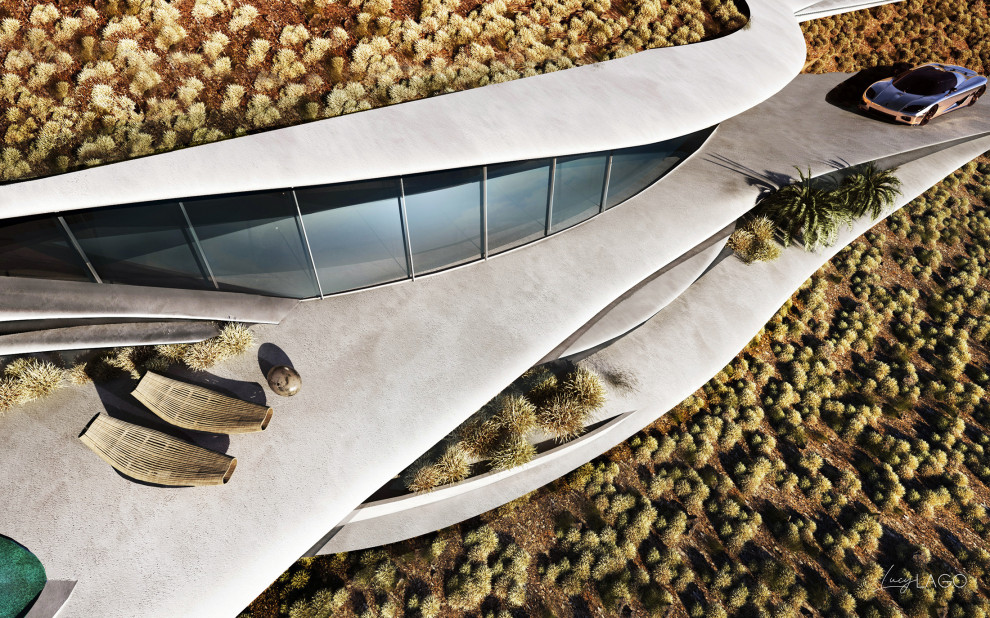 Cette image montre une très grande façade de maison grise minimaliste en béton et bardage à clin de plain-pied avec un toit plat, un toit végétal et un toit gris.