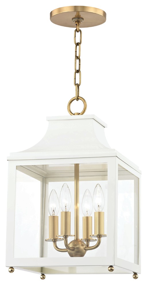Leigh 4-Light Small Pendant, Aged Brass & White Finish, Clear Glass Panel