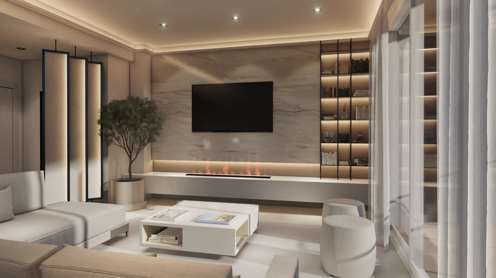 Photo of a medium sized modern open plan living room in Madrid with a home bar, white walls, porcelain flooring, a ribbon fireplace, a wall mounted tv, grey floors and panelled walls.