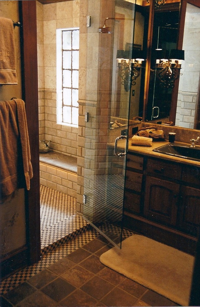 Doorless shower - stone tile mosaic tile floor doorless shower idea with granite countertops
