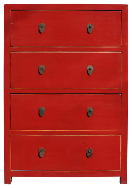 Chinese Distressed Red 4 Drawers Storage Dresser Cabinet Cs2320