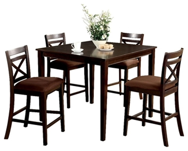 5 Piece Wooden Counter Height Table With Crossback Chairs, Espresso Brown Transitional