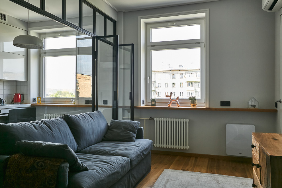 Immagine di un piccolo soggiorno contemporaneo chiuso con pareti bianche e pavimento in legno massello medio