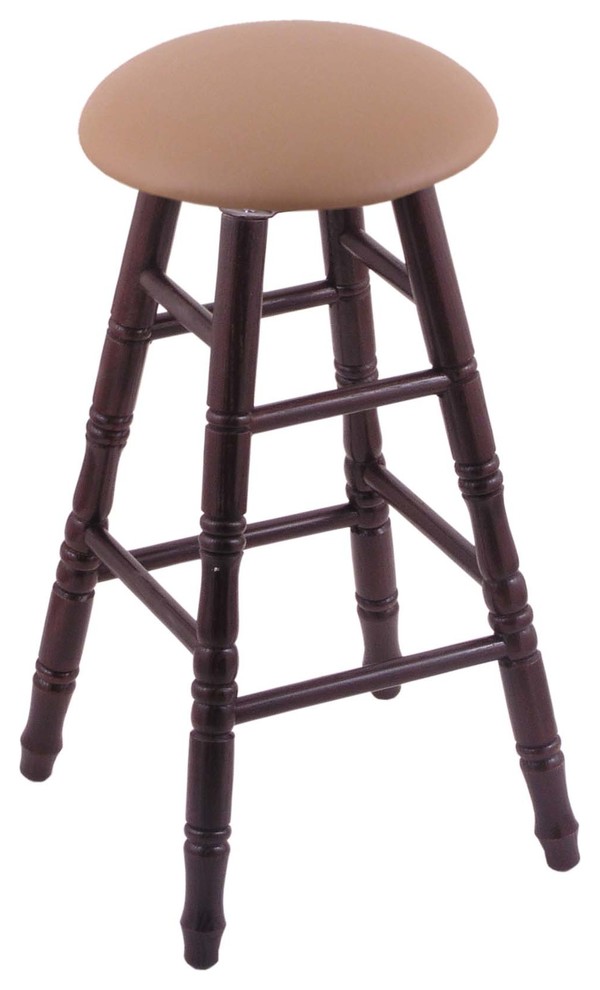 Oak Round Cushion Counter Stool, Turned Legs, Dark Cherry, Axis Denim