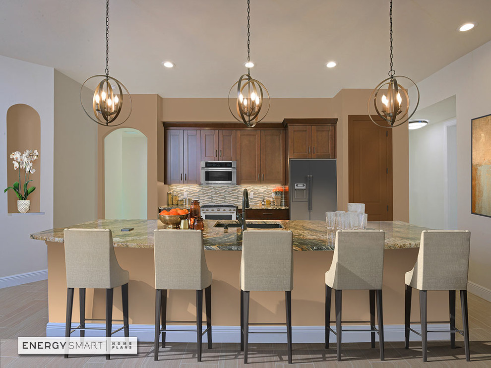 Inspiration for a mid-sized transitional single-wall porcelain tile and beige floor eat-in kitchen remodel with an undermount sink, flat-panel cabinets, brown cabinets, granite countertops, multicolored backsplash, mosaic tile backsplash, stainless steel appliances, an island and brown countertops