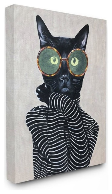 Fashion Feline Striped Shirt And Round Glasses Cat, Canvas, 11"x14"