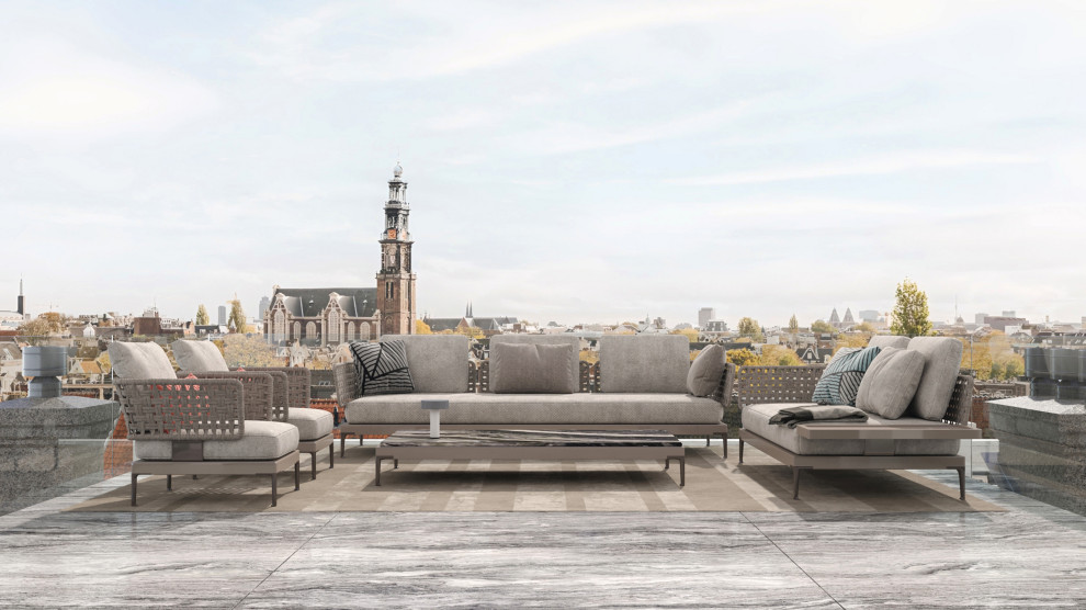 Design ideas for a mid-sized traditional rooftop and rooftop deck in Amsterdam with with fireplace, no cover and glass railing.