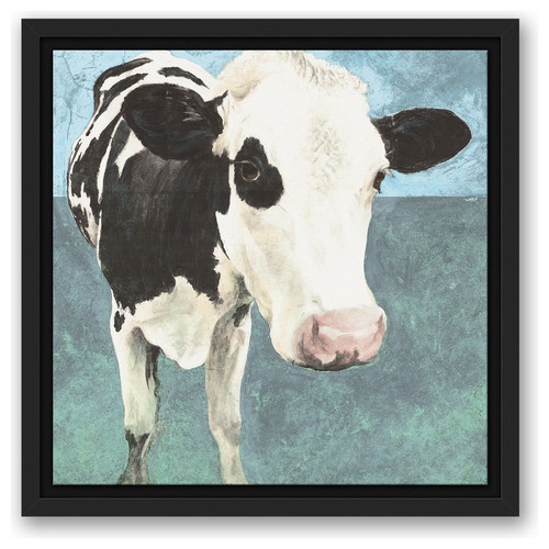 Happy Dairy Cow Painting Print 12x12 Black Floating Framed Canvas