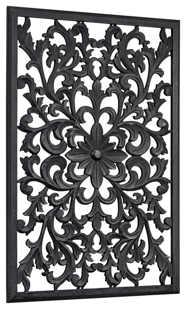 HandCarved Floral Wood Medallion Wall Art, Black, 36"x24", 36"x24