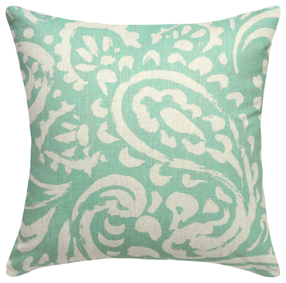 Paisley Printed Linen Pillow With Feather-Down Insert, Aqua