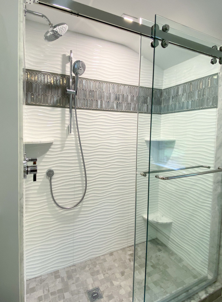 This is an example of a transitional 3/4 bathroom in Boston with flat-panel cabinets, white cabinets, an alcove shower, a two-piece toilet, grey walls, porcelain floors, an undermount sink, engineered quartz benchtops, grey floor, a sliding shower screen, white benchtops, a single vanity and a built-in vanity.