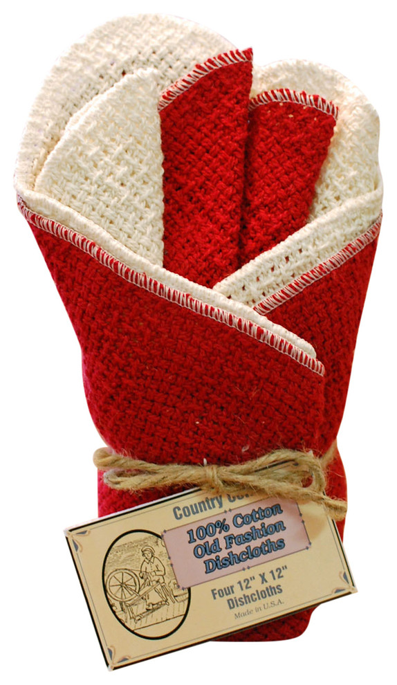 Old Fashion 100 Cotton Dishcloths, 4 pack, 2 Red, 2 Tan Contemporary