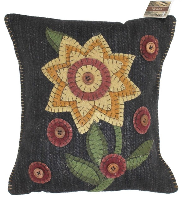 Homespice Decor Button Blooms Applique Wool Pillow 12" x 12