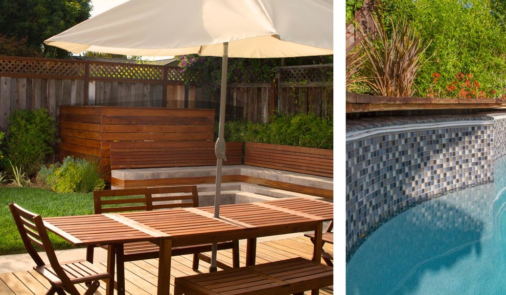 Immagine di una piscina fuori terra tropicale personalizzata di medie dimensioni e dietro casa con fontane e pedane