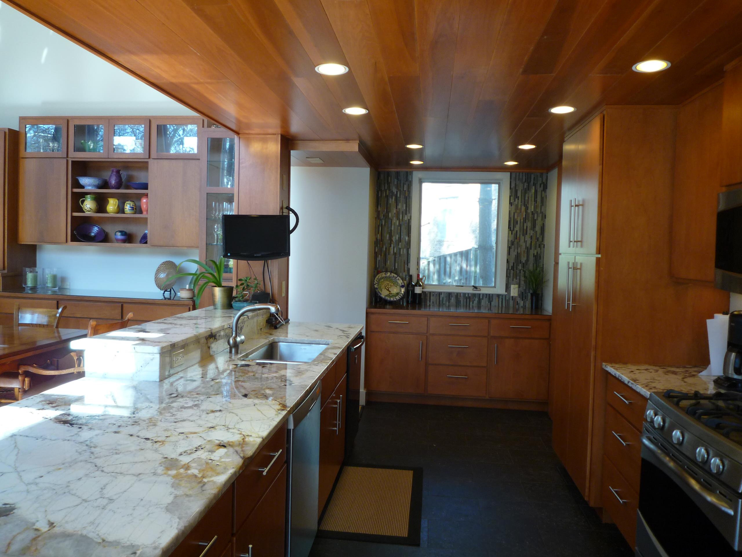 Contemporay, cherry, earthy, paneled ceiling kitchen