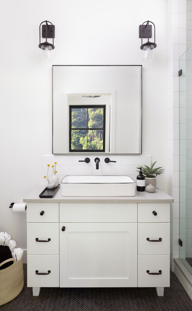 Example of a small transitional 3/4 single-sink and black floor bathroom design in Seattle with shaker cabinets, white cabinets, white walls, a vessel sink, gray countertops and a freestanding vanity