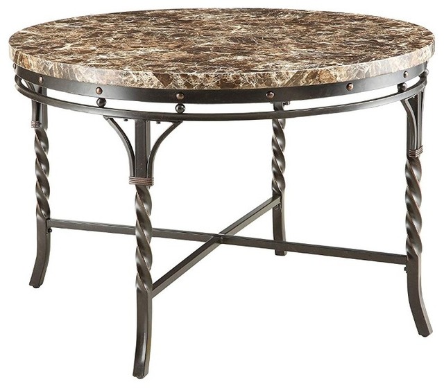 Round Metal Frame Dining Table with Faux Marble Top, Brown