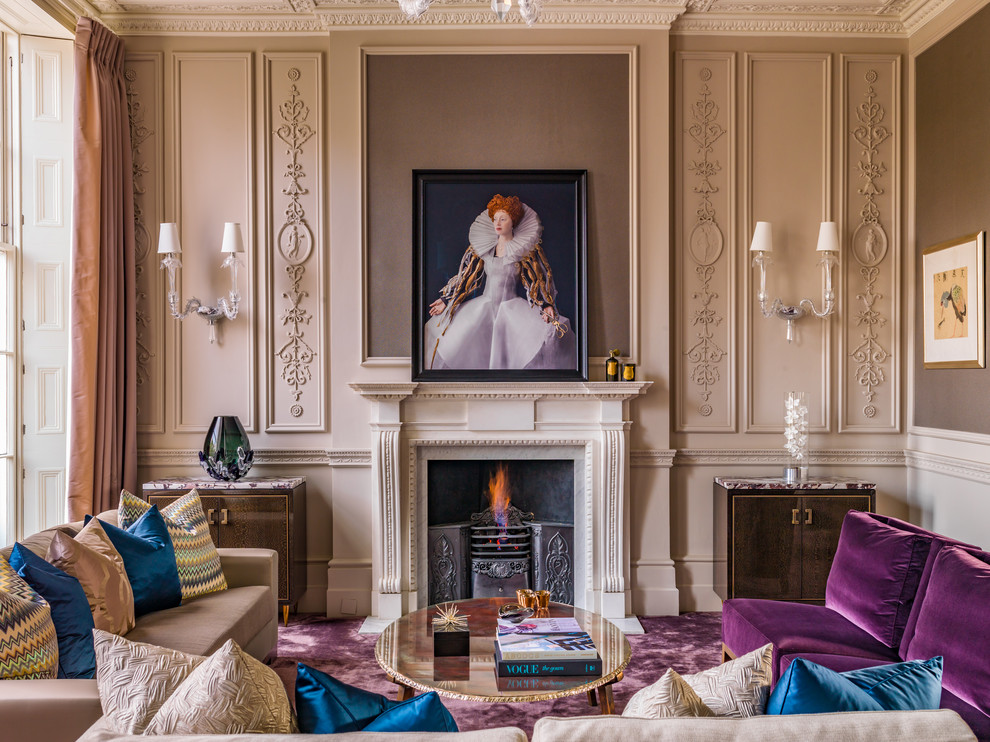 Inspiration for a large traditional formal open concept living room in London with beige walls, carpet, a standard fireplace, a stone fireplace surround, no tv and purple floor.