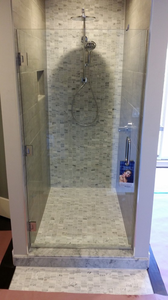 Modern bathroom in Newark with an alcove shower, beige tile and ceramic tile.