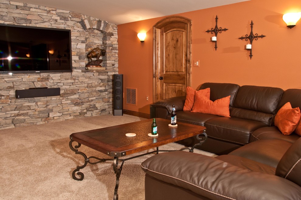 Design ideas for a mediterranean look-out basement in Philadelphia with orange walls, carpet and no fireplace.