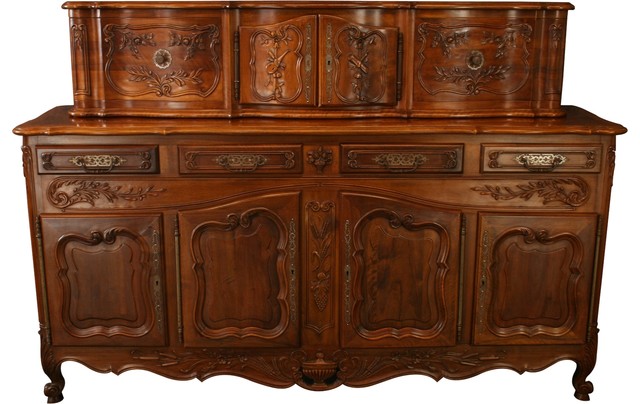 Consigned Vintage French Country Sideboard  Walnut  Carved Flowers 1910
