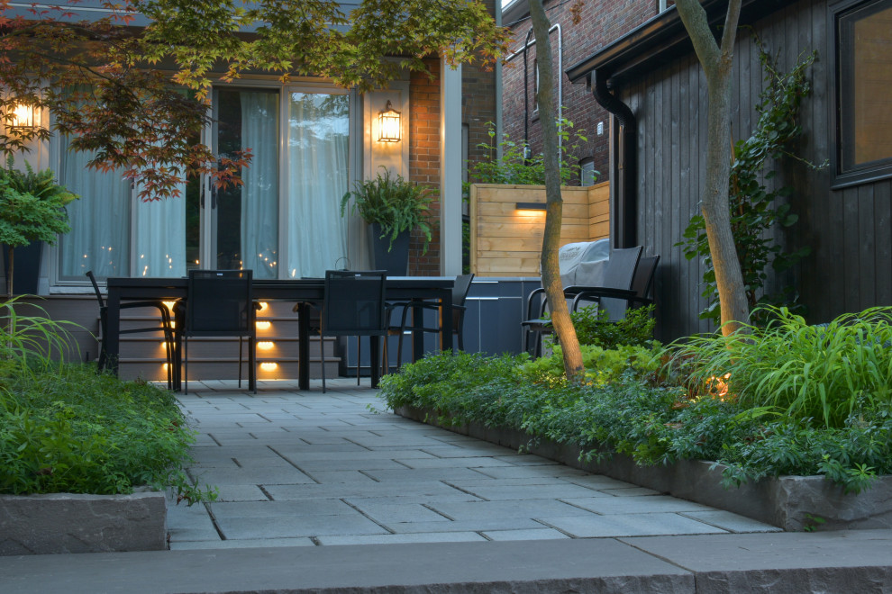 Foto di un giardino moderno in ombra di medie dimensioni e dietro casa in estate con recinzione in legno e pavimentazioni in cemento