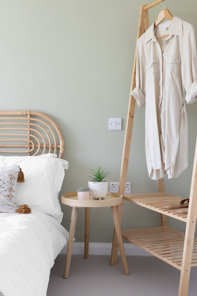 Inspiration for a small contemporary guest bedroom in Other with green walls, carpet and beige floors.