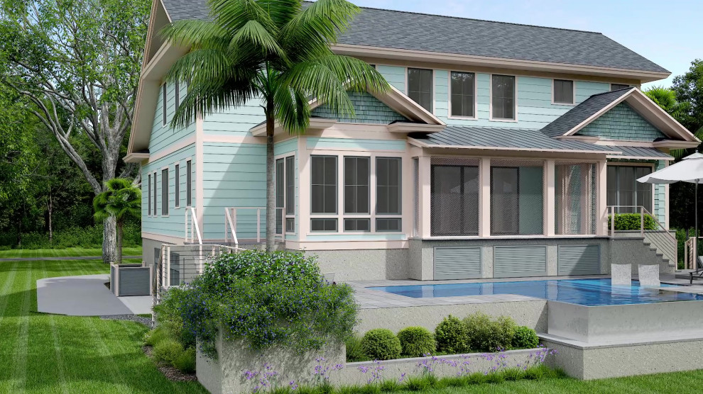 Ispirazione per la villa blu stile marinaro a due piani di medie dimensioni con rivestimento con lastre in cemento, tetto a capanna, copertura a scandole, tetto grigio e pannelli sovrapposti