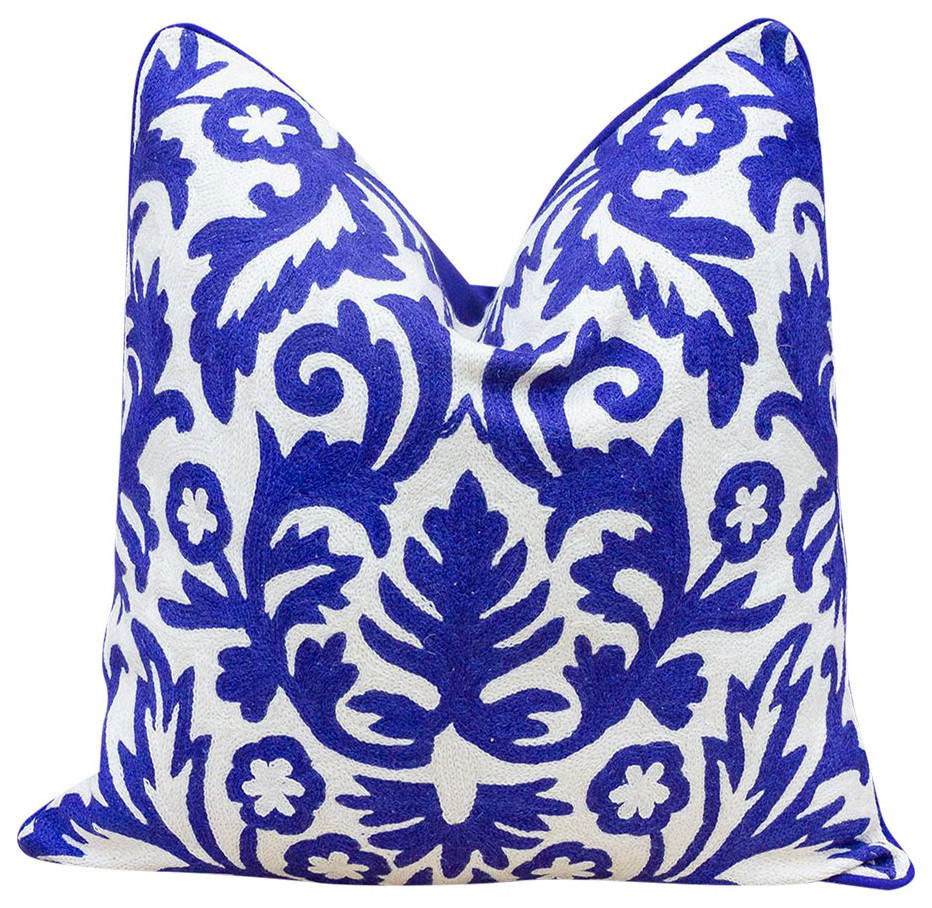 Blue & White Medallion Wool Embroidered Throw Pillow Cover Contemporary Decorative Pillows