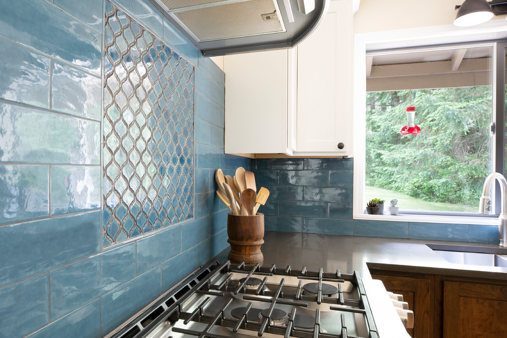 Example of a small transitional u-shaped medium tone wood floor and brown floor kitchen pantry design in Seattle with an undermount sink, shaker cabinets, white cabinets, quartz countertops, blue backsplash, porcelain backsplash, stainless steel appliances, no island and gray countertops