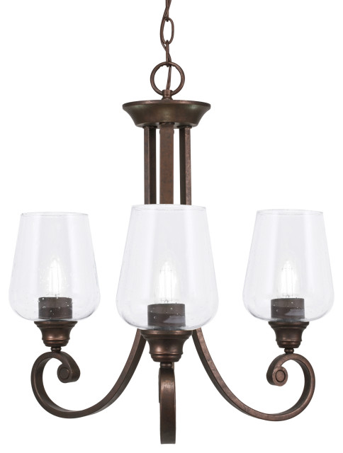 Curl Uplight, 3 Light, Chandelier Bronze Finish With 5" Clear Bubble Glass