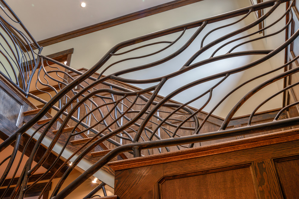 Staircase - large rustic wooden u-shaped metal railing staircase idea with wooden risers