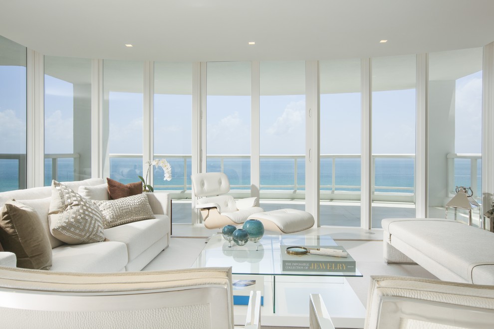 Design ideas for a large contemporary formal open concept living room in Miami with white walls, porcelain floors, no fireplace, a built-in media wall and white floor.