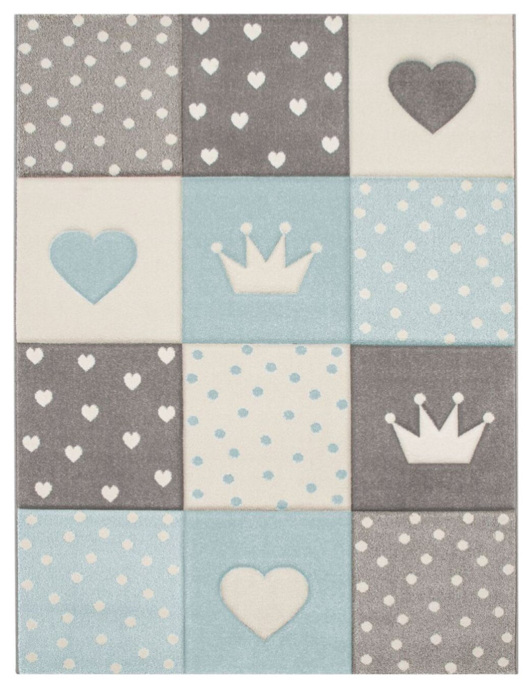 Kids Rug Checkered With Hearts and Crowns, Blue, 4'7"x6'7"
