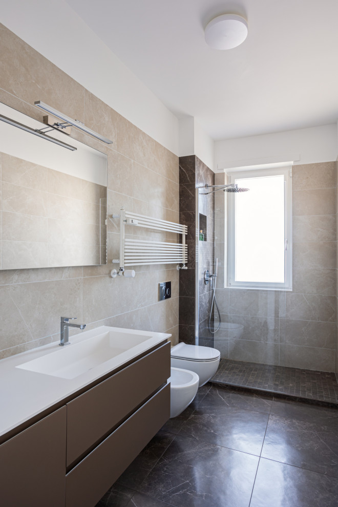 Photo of a contemporary master bathroom in Rome with a curbless shower, a wall-mount toilet, porcelain tile, porcelain floors, an integrated sink, white benchtops, a single vanity and a floating vanity.