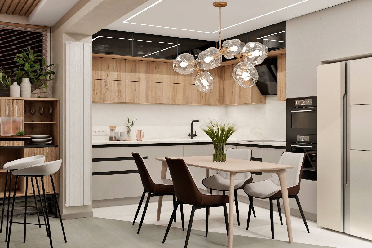 Уютная кухня-гостиная с камином