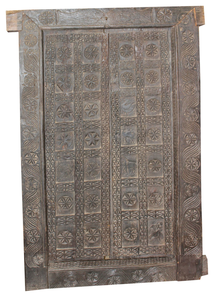 Consigned 18c Temple Lotus Primitive Old Carved Door Teak Asian