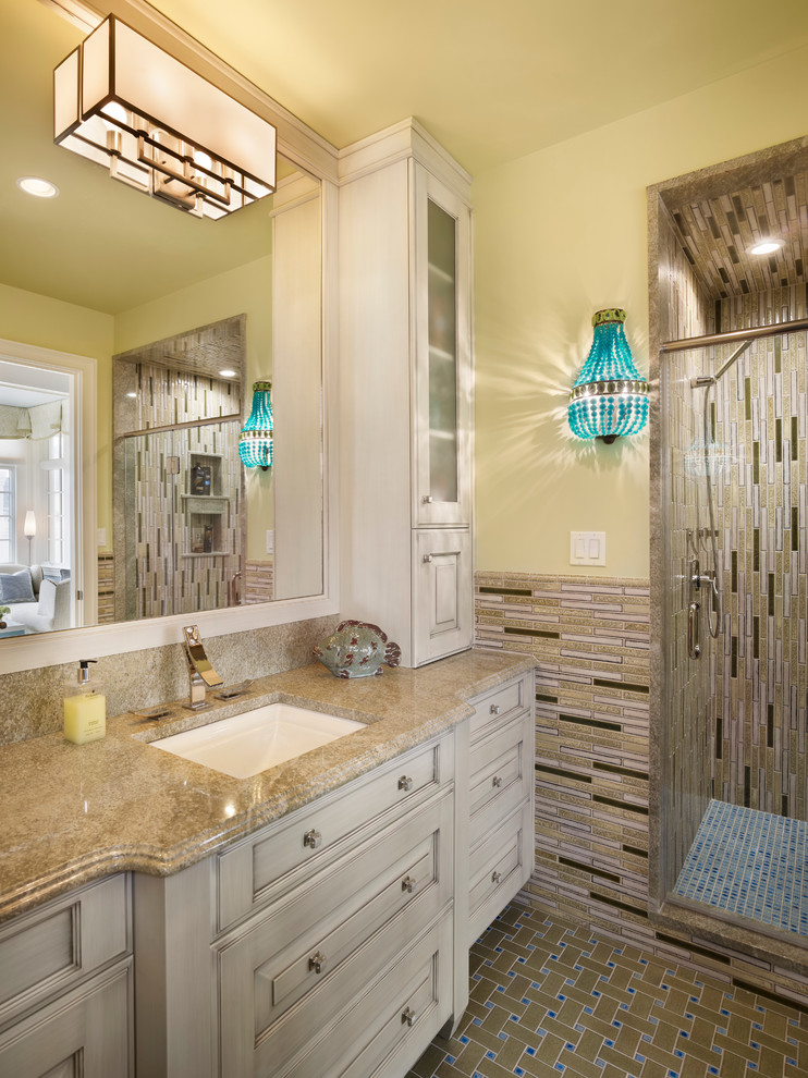 Inspiration for a beach style bathroom in Philadelphia with an undermount sink, distressed cabinets, granite benchtops, mosaic tile, yellow walls, mosaic tile floors and with a sauna.