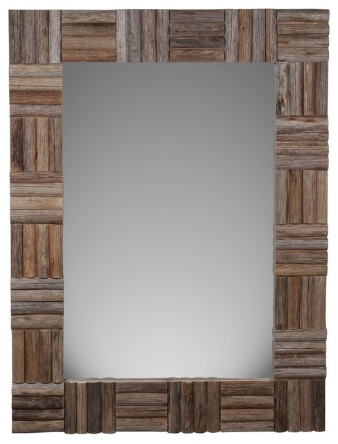 Cheungs Wood Frame Wall Mirror With Attached Hanging Hooks Brown