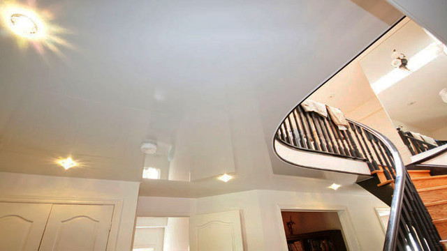 White Gloss Stretch Ceiling Enlarges Basement Space Modern