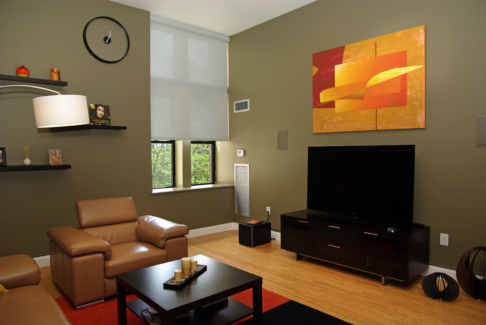 This is an example of a contemporary living room in Boston with no fireplace and a freestanding tv.