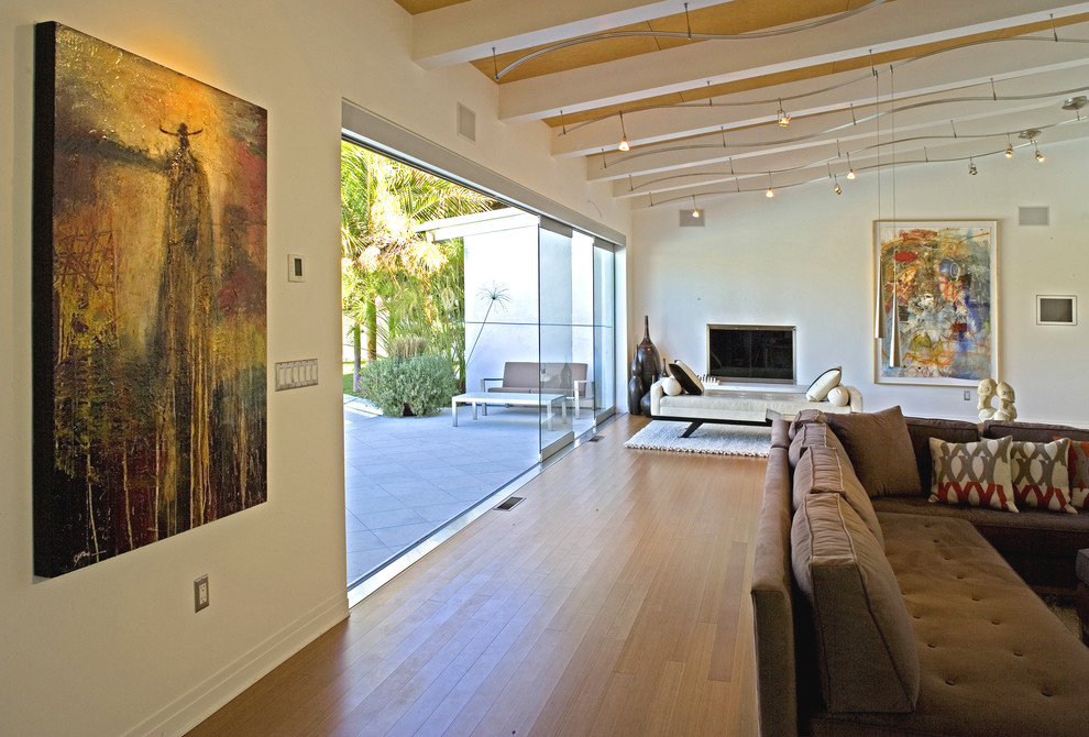 Contemporary living room in Los Angeles with a standard fireplace.