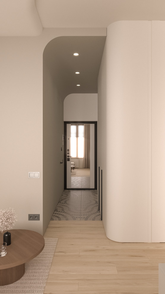 Источник вдохновения для домашнего уюта: маленький, узкий коридор в современном стиле с белыми стенами, полом из керамогранита, бежевым полом и многоуровневым потолком для на участке и в саду