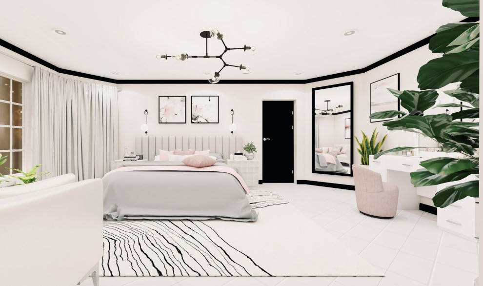 Свежая идея для дизайна: большая хозяйская спальня в стиле модернизм с белыми стенами, полом из керамогранита и белым полом - отличное фото интерьера