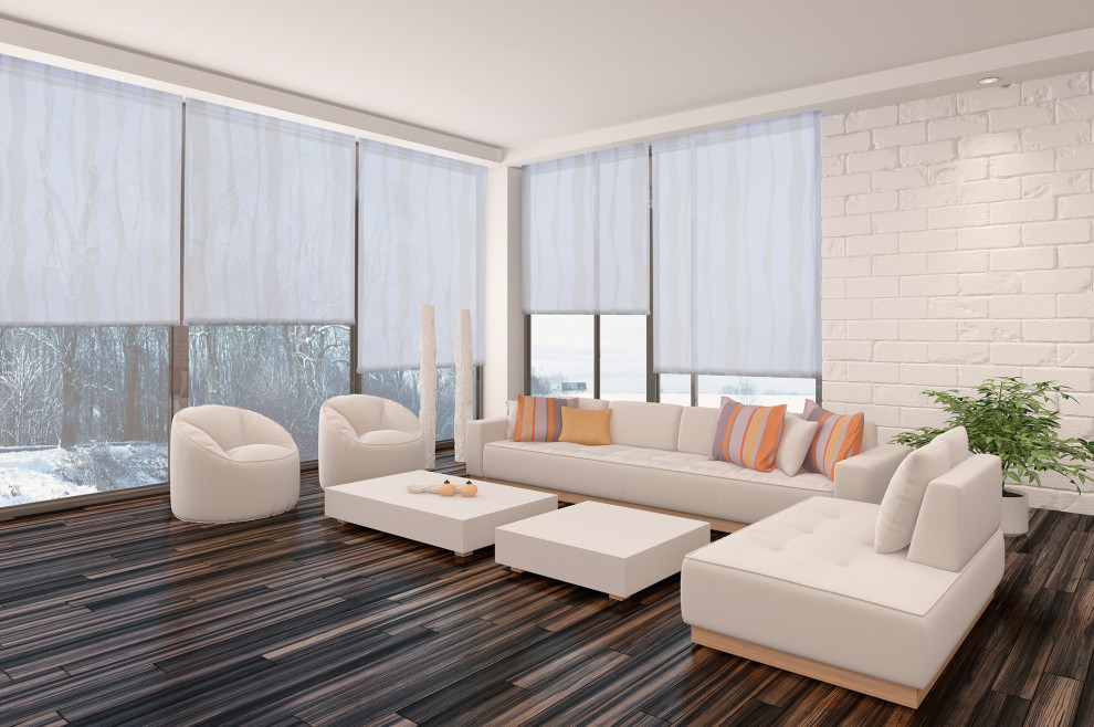Ejemplo de salón abierto moderno de tamaño medio sin chimenea y televisor con paredes blancas, suelo de madera oscura, suelo marrón y ladrillo