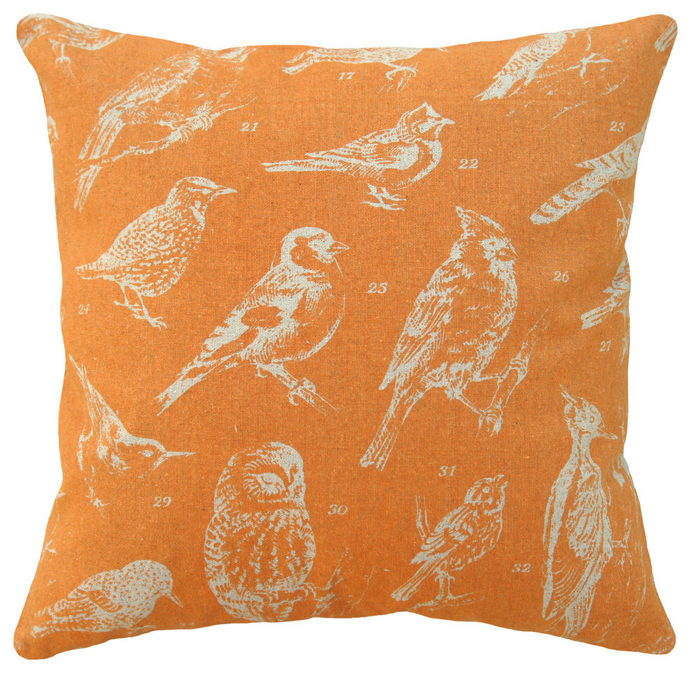 Bird Watch Printed Linen Pillow With Feather-Down Insert, Orange