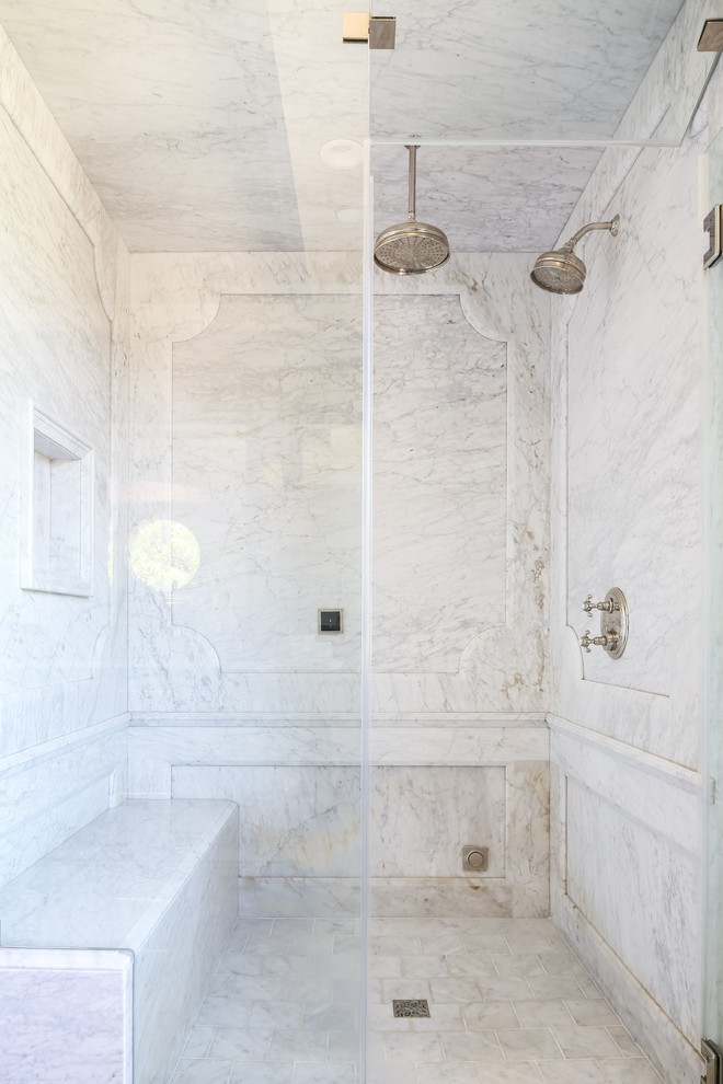 Inspiration for an expansive mediterranean master bathroom in Los Angeles with recessed-panel cabinets, blue cabinets, a freestanding tub, an alcove shower, marble, white walls, marble floors, an undermount sink, marble benchtops, white floor, a hinged shower door and white benchtops.